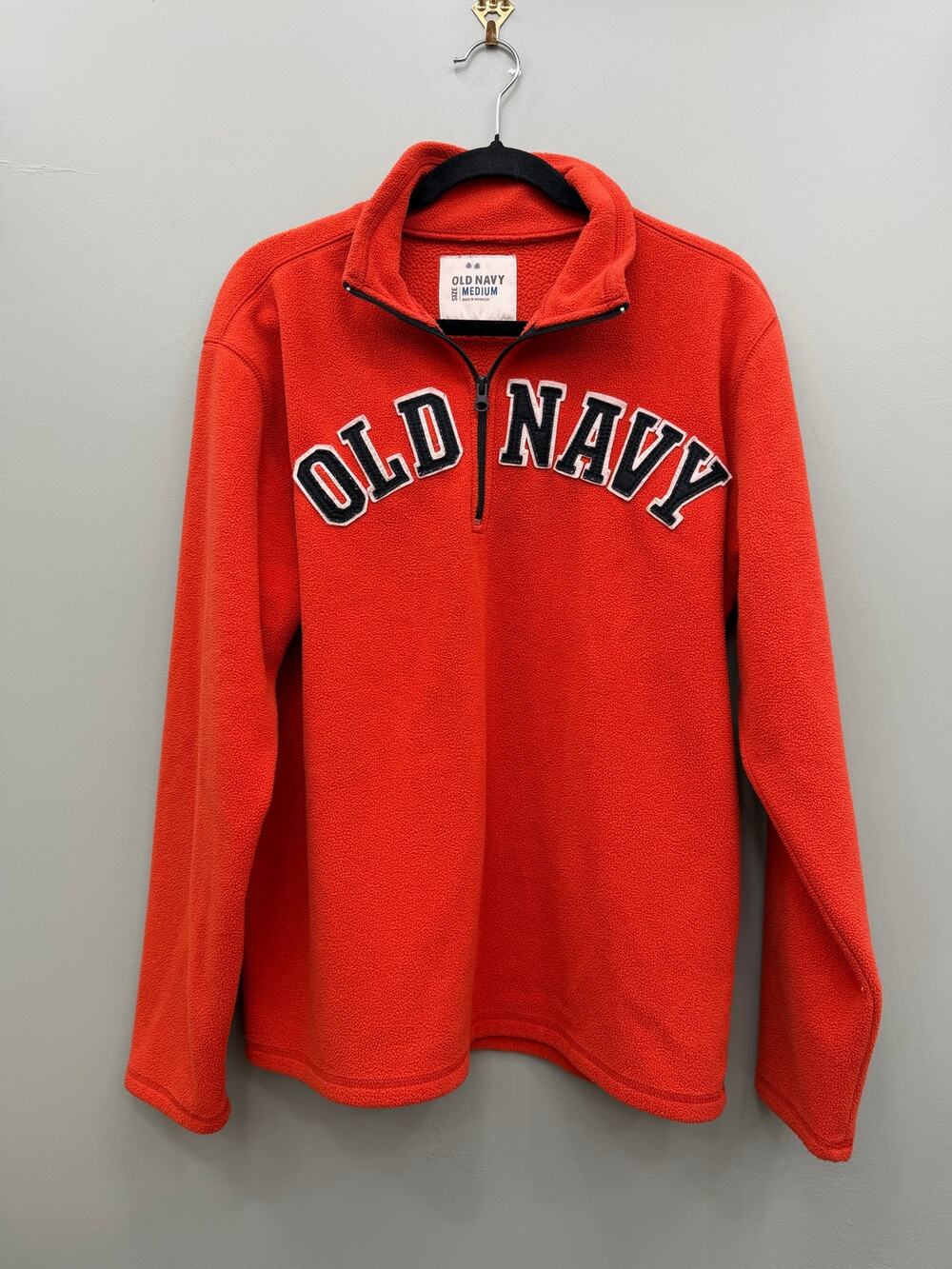 Vintage Y2K Old Navy Fleece Pullover Men M Orange Quarter Zip Spellout Logo